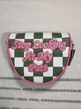 Stop Looking At My Putt Green & White Checker Putter Cover with Pink Trim
